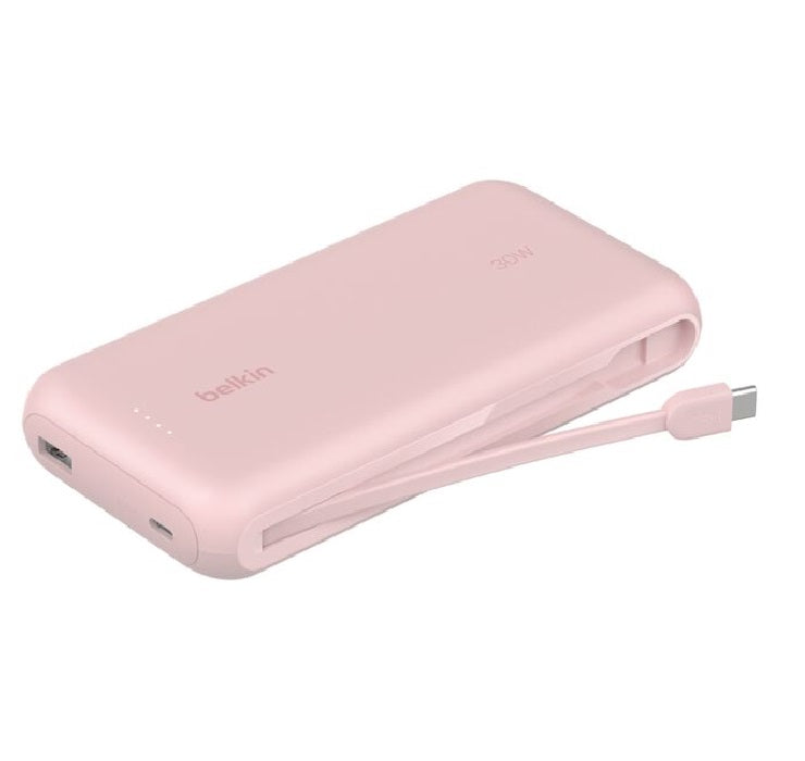 Belkin BoostCharge 20K mAh Power Bank With Integrated USB-C Cable - Pink (BPB024fqPK), 30W, 2xUSB-C, 1x USB-A, CEW $2,500, 2 Years Warranty