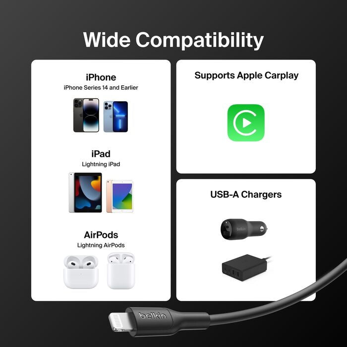 Belkin BoostCharge Lightning to USB-A Cable (1M) - Black (CAA019FQ1MBK), 2.4A/15W, 480Mbps, 300K+ Bends, Apple iPhone, MFI-Certified, 2 Years Warranty