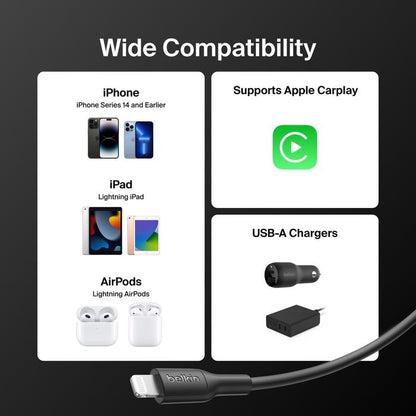 Belkin BoostCharge Lightning to USB-A Cable (1M) - Black (CAA019FQ1MBK), 2.4A/15W, 480Mbps, 300K+ Bends, Apple iPhone, MFI-Certified, 2 Years Warranty