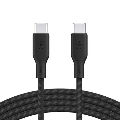 Belkin BoostCharge Braided USB-C to USB-C Cable (3M) - Black (CAB014bt3MBK), 5A/100W, 480Mbps, 30K+ Bends, Apple, USB-IF Certified, 2 Years Warranty