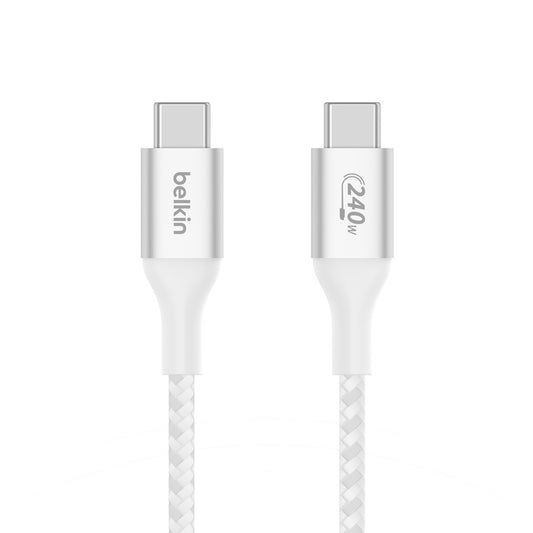 Belkin BoostCharge Braided USB-C to USB-C PD 3.1 Cable (2M) - White (CAB015bt2MWH), 5A/240W, 480Mbps, 30K+ Bends, Apple iPhone, 2 Years Warranty