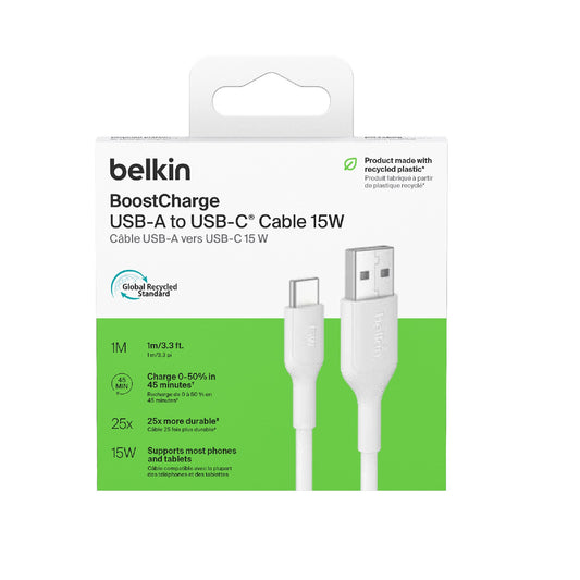 Belkin BoostCharge USB-C to USB-A Cable (1M) - White (CAB021fq1MWH),3A/15W, 480MBPS, 300K+ Bends, Apple, Samsung, USB-IF Certified,2 Years Warranty