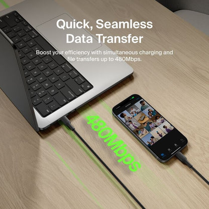 Belkin BoostCharge Pro Braided USB-C To USB-C Cable (2M) - Black (CAB025FQ2MBK), 5A/240W, 480Mbps, 350K+ Bend, USB-IF Certified, 2 Years Warranty