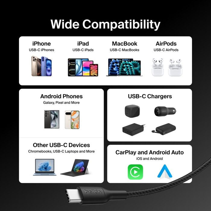 Belkin BoostCharge Pro Braided USB-C to USB-C Cable (3M) - Black (CAB025fq3MBK), 5A/240W, 480Mbps, 350K+ Bend, USB-IF Certified, 2 Years Warranty