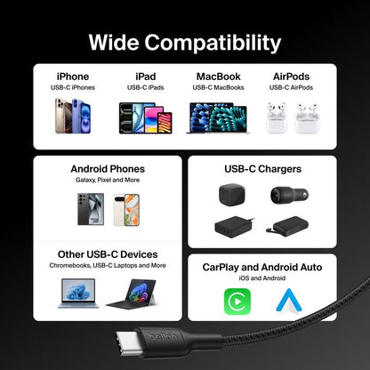 Belkin BoostCharge Pro Braided USB-C to USB-C Cable (3M) - Black (CAB025fq3MBK), 5A/240W, 480Mbps, 350K+ Bend, USB-IF Certified, 2 Years Warranty