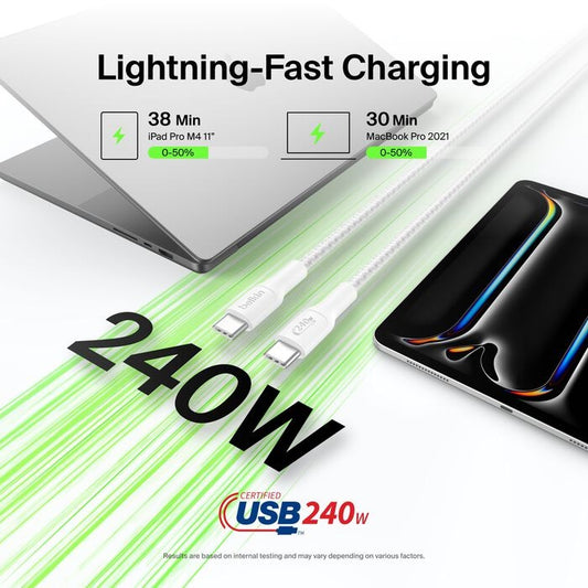 Belkin BoostCharge Pro Braided USB-C to USB-C Cable (3M) - White (CAB025fq3MWH), 5A/240W, 480Mbps, 350K+ Bend, USB-IF Certified, 2 Years Warranty