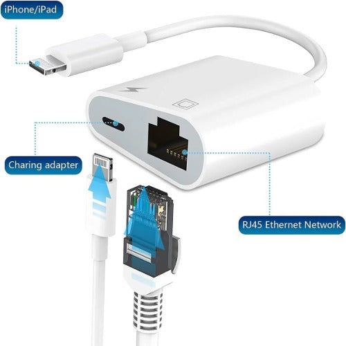 USP Lightning to Ethernet + Power Adapter for iPhone/ iPad, RJ45 LAN + Charging, Fast stable internet, Plug & Play, iOS, 5 Year Warranty