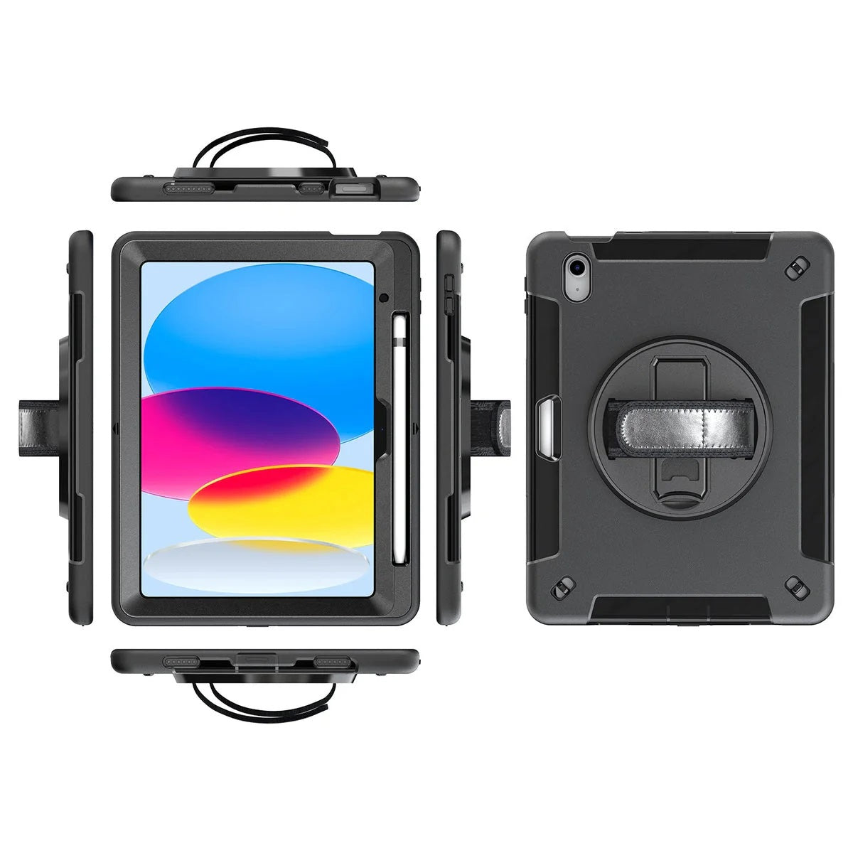 USP Rugged Apple iPad (10.2') (9th/8th/7th Gen) Case Black - Built-in-Kickstand, Adjustable Hand Strap, Shoulder Strap, Pen Holder, DropProof