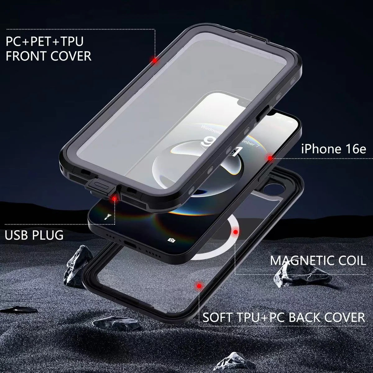 USP Apple iPhone 16e 5G (6.1') WaterProof Case Black - DROP+ Military Standard, Waterproof, Shockproof, DustProof, Touch Sensitivity, 3 Year Warranty