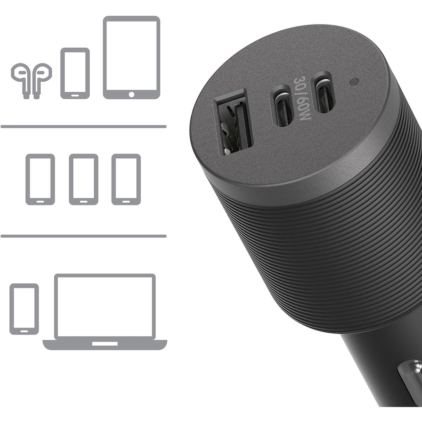 OtterBox 72W USB-C Triple Port Premium Pro Fast Car Charger - Black (78-80899),1x USB-A (12W), 2x USB-C (30W),Fast-Charging for Samsung & iPhone