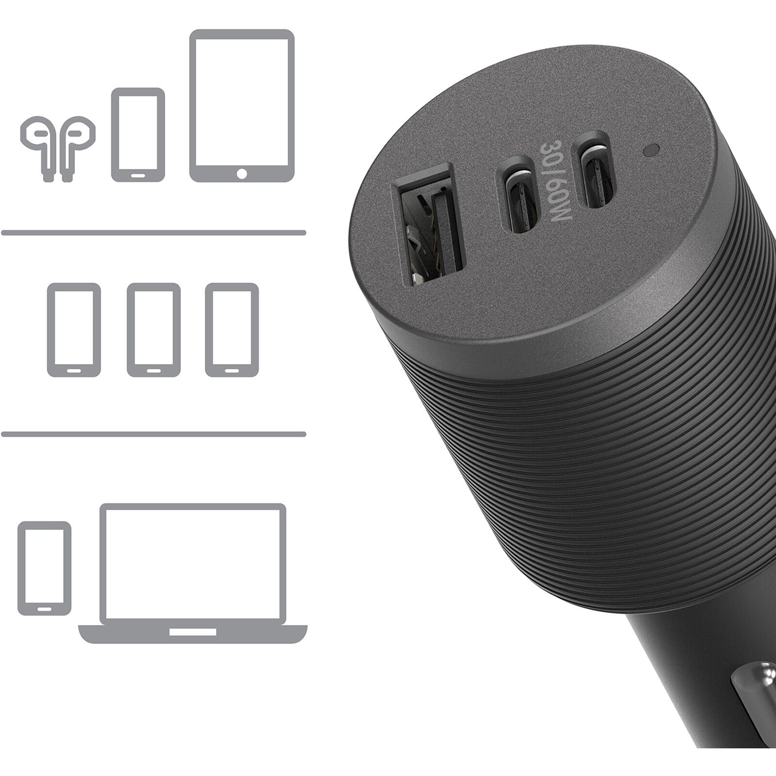 OtterBox 72W USB-C Triple Port Premium Pro Fast Car Charger - Black (78-80899),1x USB-A (12W), 2x USB-C (30W),Fast-Charging for Samsung & iPhone