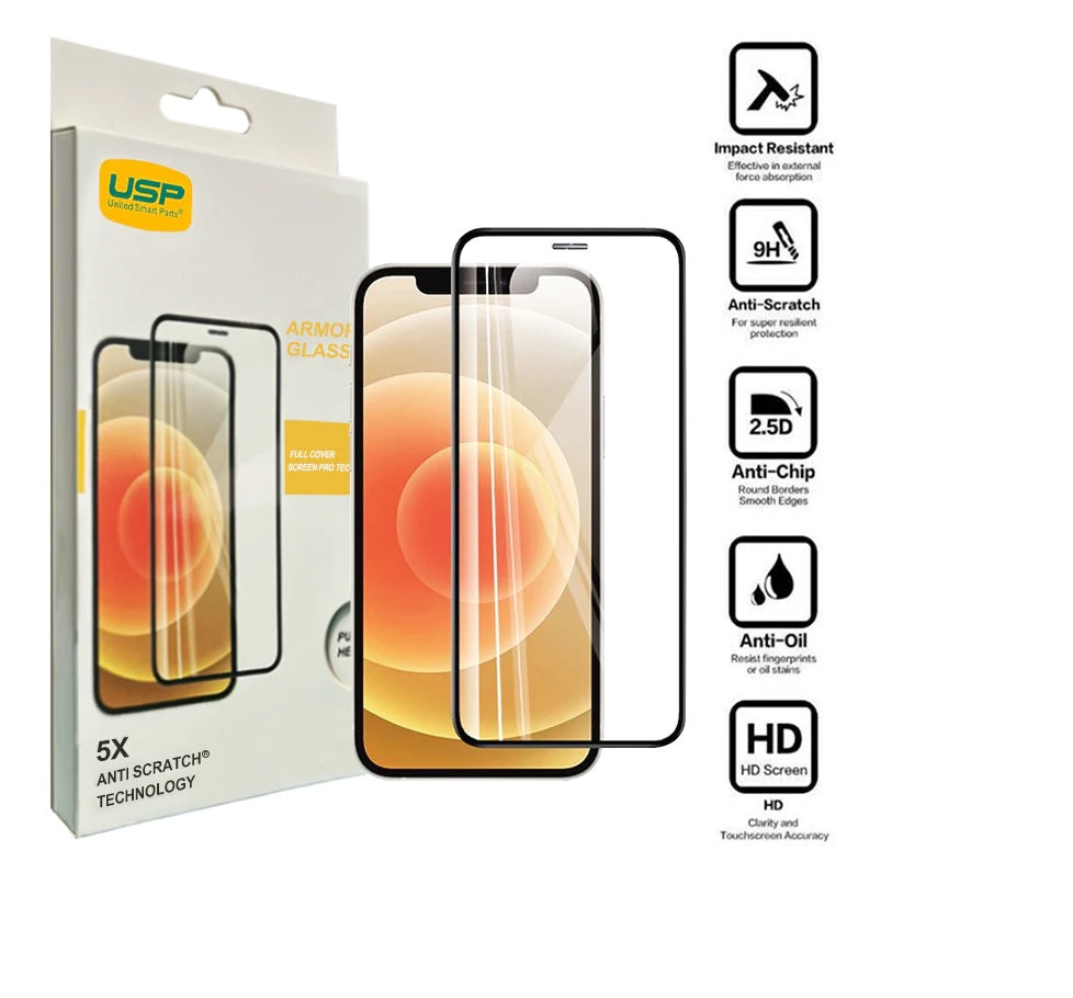 USP Apple iPhone 12 Pro / iPhone 12 (6.1') Armor Glass Full Cover Screen Protector - Impact-Resistant, Smooth Edges, 5 Years Warranty