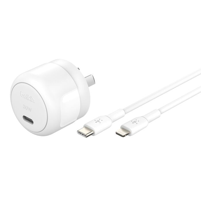 Belkin BoostCharge Compact 30W USB-C (PD 3.1) Wall Charger + USB-C to Lightning Cable - White (WCA008au1MWH-B5), Apple, 2 Years Warranty