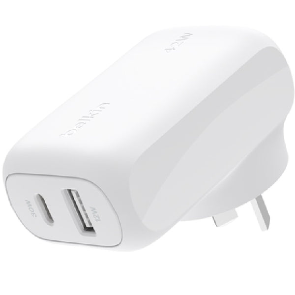 Belkin BoostCharge Dual Wall Charger 42W - White (WCB009auWH), 1xUSB-C (30W), 1xUSB-A (12W), Best for Samsung & iPhone, $2500 CEW, 2 Years Warranty