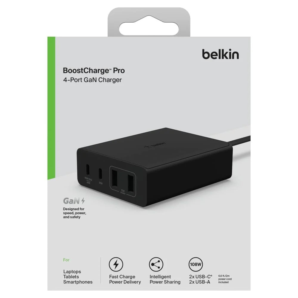 Belkin BoostCharge Pro 108W USB-C (PD 3.0) 4-Port GaN Wall Charger - Black (WCH010auBK), 2xUSB-C, 2xUSB-A, Compact Laptop Charger, 2 Years Warranty