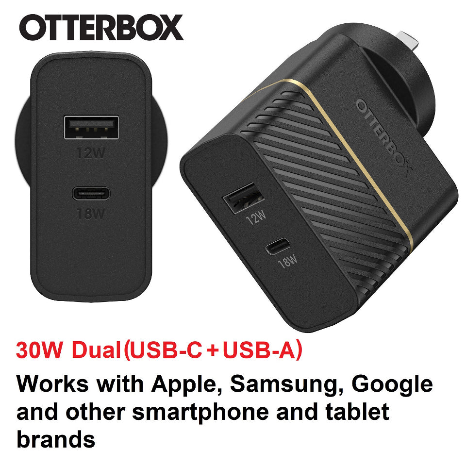 OtterBox 30W Dual Port Premium PD Fast Wall Charger - Black (78-80029), (USB-C 18W & USB-A 12), Drop Tested, Safe & Smart Charging, 2 Years Warranty