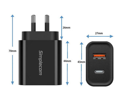Simplecom CU220 Dual Port PD 20W Fast Wall Charger USB-C + USB-A for Phone Table