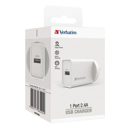 Verbatim USB Charger Single Port 2.4A - White Single Port Wall Charger Rohs, CE, Apple, Android, tablet, Handheld. OC, OV, SS, OT, Fire Resistant.