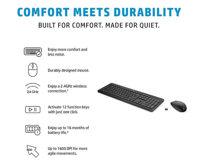 HP 230 Wireless Keyboard & Mouse Combo 12 function keys chiclet comfortable low