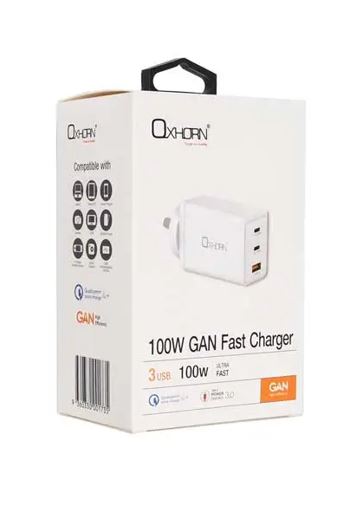 Oxhorn Charger Accessories AC 100W GaN Type C fast Charger 3 Ports 2xUSB-C 1xUSB-A PD3.0 QC4.0+ PPS for Laptop/Mobile/Tablet/Other Device White