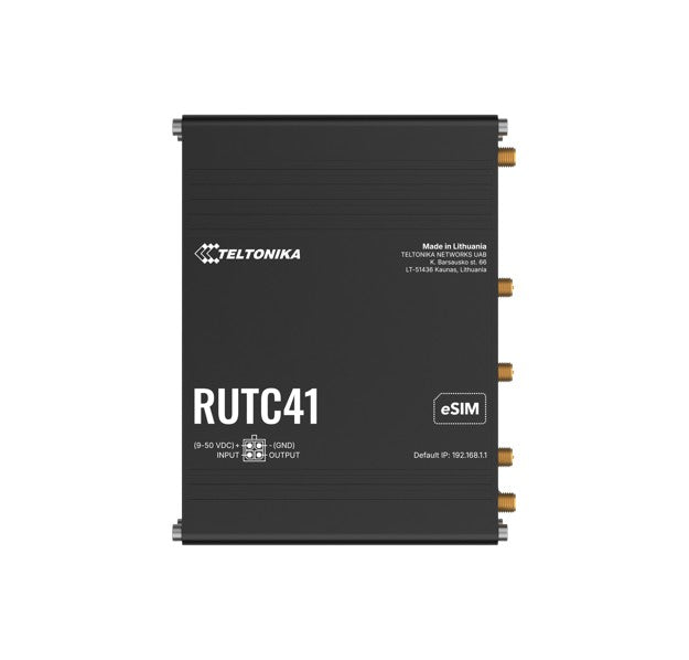 Teltonika RUTC41 4G EDGE ROUTER, Dual-core, Dual-band Wi-Fi 6, 1 GB RAM, and 8 GB flash memory, eSIM, PSU included.