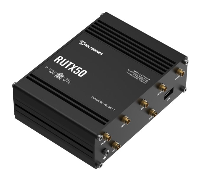 Teltonika Industrial 5G Router, 5G dual SIM cellular, 5 Gigabit Ethernet ports,