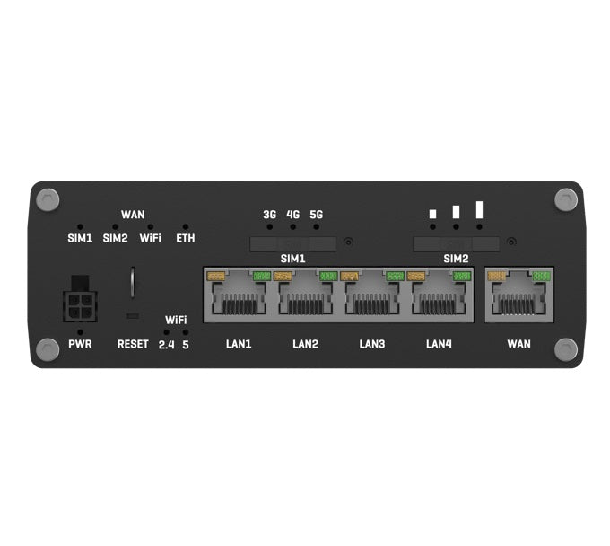 Teltonika Industrial 5G Router, 5G dual SIM cellular, 5 Gigabit Ethernet ports,