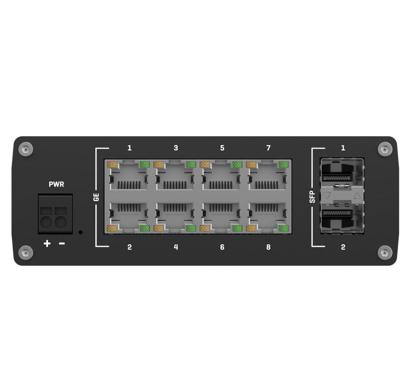 Teltonika TSW210 Industrial Ethernet Switch, 2x SFP Ports, 8x Gigabit Ethernet Ports with speeds of up to 1000 Mbps, DIN Rail, PSU excluded