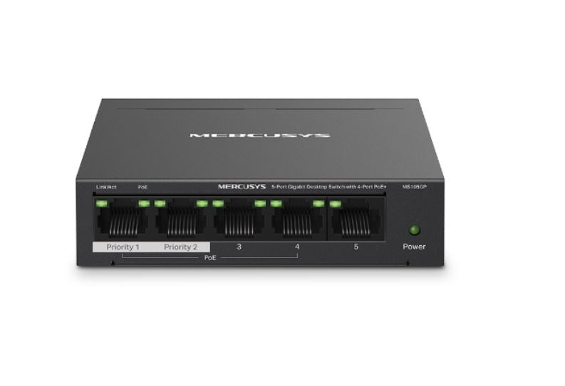 Mercusys MS105GP 5-Port Gigabit Desktop Switch with 4-Port PoE+, 10/100/1000 Mbp
