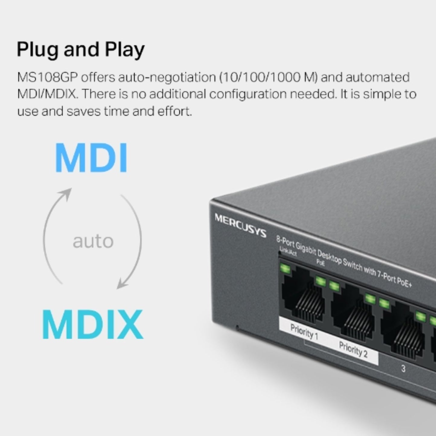 Mercusys MS108GP 8-Port Gigabit Desktop Switch with 7-Port PoE+, Up to 250 m