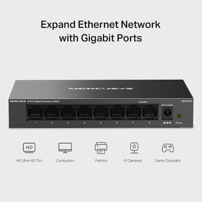 Mercusys MS108GS 8-Port Gigabit Desktop Switch, 8×10/100/1000 Mbps RJ45 port Su
