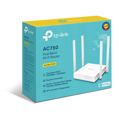 TP-Link Archer C24 AC750 Dual-Band Wi-Fi Router 2.4GHz 300Mbps 5GHz 433Mbps 4xLA