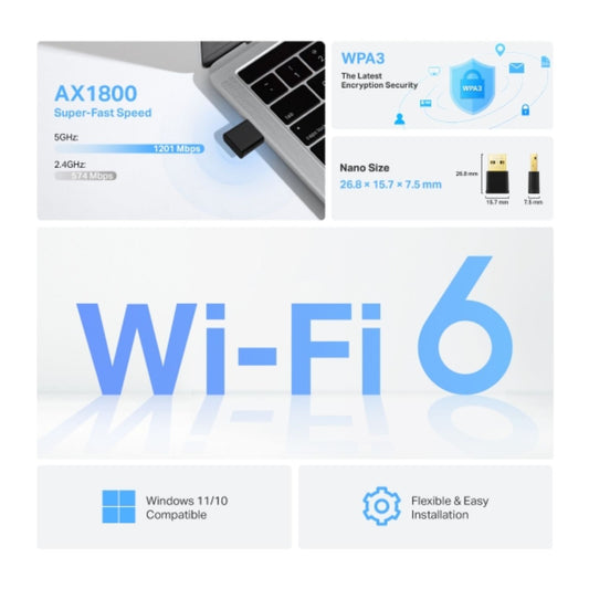TP-Link Archer TX20U Nano AX1800 Nano Wi-Fi 6 Wireless USB Adapter, 1201 Mbps at 5 GHz + 574 Mbps at 2.4 GHz, Internal Antennas, USB 3.0
