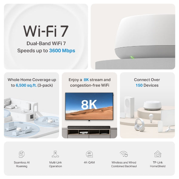 TP-Link Deco BE22(2-pack) BE3600 Whole Home Mesh Wi-Fi 7 System, 688 Mbps at 2.4 GHz + 2882 Mbps at 5 GHz