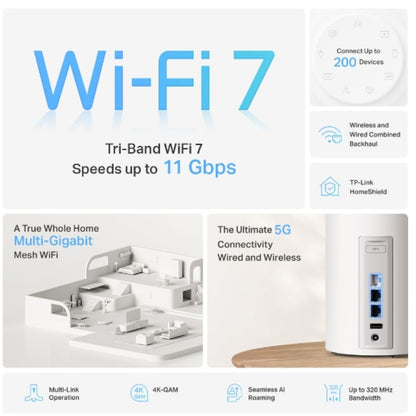 TP-Link Deco BE65 Pro(1-pack) BE11000 Whole Home Mesh WiFi 7 System ,  688 Mbps at 2.4 GHz + 4320 Mbps at 5 GHz + 5760 Mbps at 6 GHz