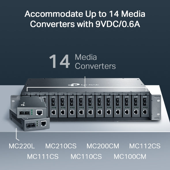 TP-Link MC1400 19' 2U Rackmount Chassis for 14-Slot Media Converters, Redundant Power Supply, Hot-Swappable, Mounted,Two Cooling Fans