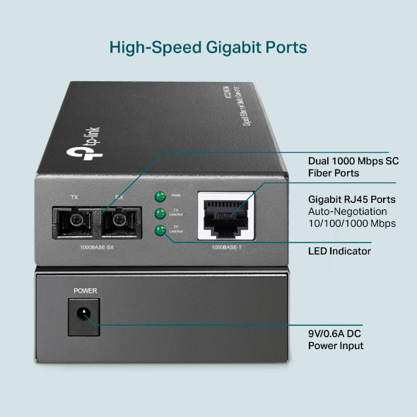 TP-Link MC200CM Gigabit RJ45 to Multi-Mode SC Fibre Media Converter — 1000Mbps, Full-Duplex