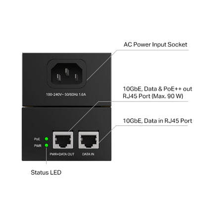 TP-Link POE380S Omada 10G PoE++ Injector PORT: 1× 10Gbps PoE Port, 1× 10Gbps N