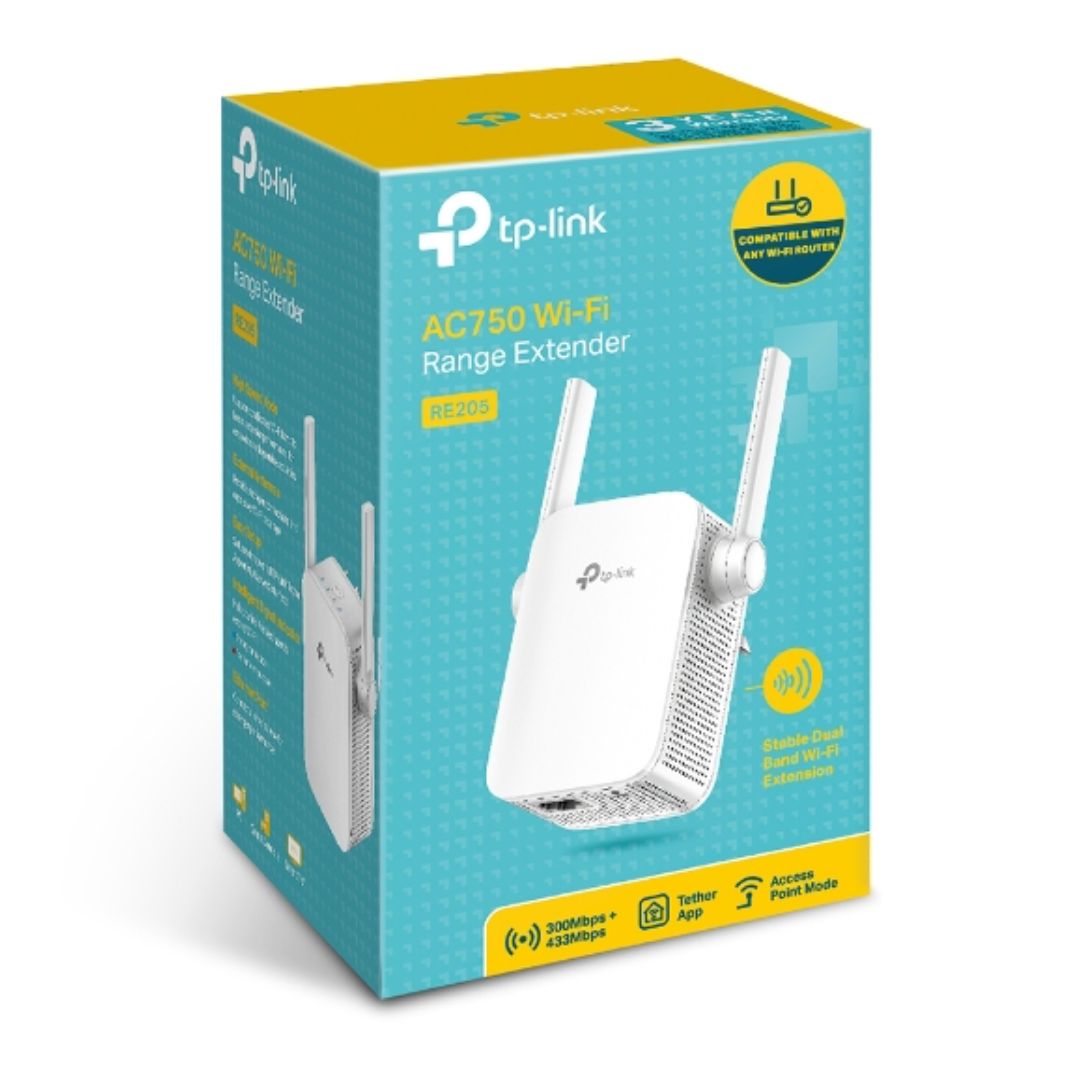 TP-Link RE205 AC750 Wi-Fi Range Extender, Dual Band: 2.4GHz @ 300Mbps, 5GHz @ 43