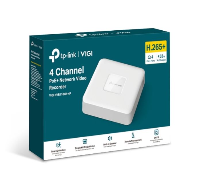 TP-Link VIGI NVR1104H-4P 4 Channel PoE+ Network Video Recorder, 24/7 Continuous
