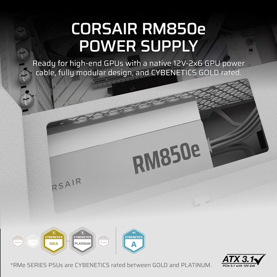 Corsair RMe Seriesâ„¢ RM850e - Fully Modular Low-Noise ATX Power Supply - White (AU), Cybenetics Gold, ATX12V 3.1, 2x PATA, 2x EPS, 6x SATA, 3x PCIe