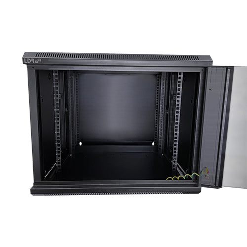 LDR Assembled 9U Hinged Wall Mount Cabinet (600mm x 550mm) Glass Door - Black Metal Construction - Top Fan Vents - Side Access Panels