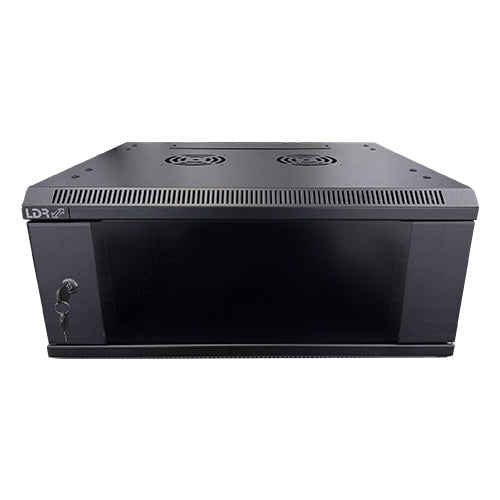 LDR Assembled 4U Wall Mount Cabinet (600mm x 450mm) Glass Door - Black Metal Construction - Top Fan Vents - Side Access Panels