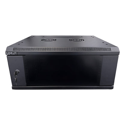 LDR Assembled 4U Wall Mount Cabinet (600mm x 450mm) Glass Door - Black Metal Construction - Top Fan Vents - Side Access Panels