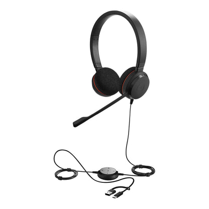 Jabra Evolve 20 SE, USB C/A, UC Stereo Headset, Plug-and-play, Noise-cancelling, Clearer Conversation, Manage 0s Easily, Leatherette Ear Cushions