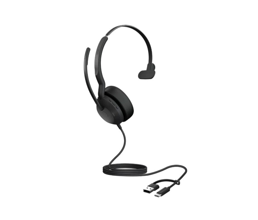 Jabra Evolve2 50, USB C/A UC Mono Headset, BluetoothÂ®, 4 microphones, Active Noise Cancellation, Busylight, 0 management, Air Comfort technology