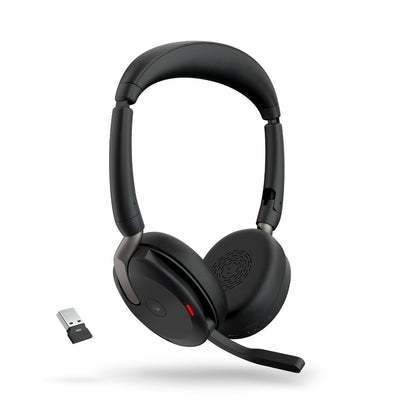 Jabra Evolve2 65 Flex MS Stereo Bluetooth Headset, Link380a USB-A Dongle & Wireless Charging Stand Foldable Design, 2Yr Warranty, 30m Wireless Range