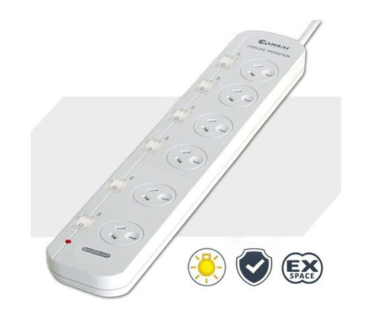 Sansai 6 Way Powerboard 6 Outlet 10A 240V Individually Switched 3 extra spaced s