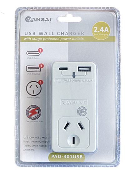 Sansai USB C + A 2xUSB charging Outlets Power Adaptor 240V 10A Surge protection