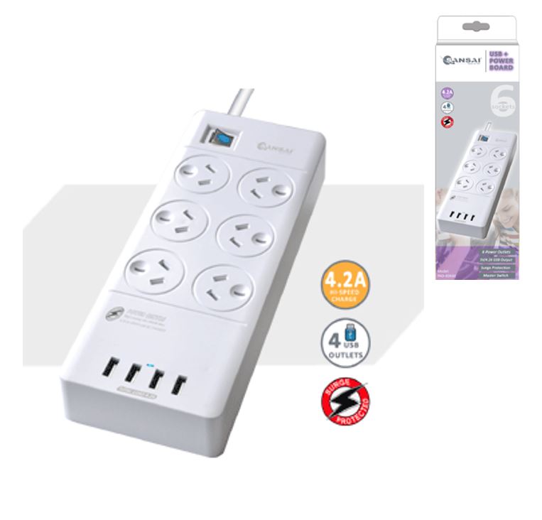 Sansai 6 Outlets & 4 USB Outlets Surge Protected Powerboard Master On/Off switch